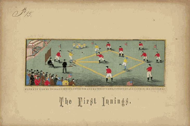 Baseball history photo: The First Innings. Thomas Stevens silk postcard depiction of early baseball game, presumably at Elysian Fields in Hoboken, New Jersey. Caption reads: &ldquo;WOVEN IN SILK BY THOMAS STEVENS, INVENTOR AND MANUFACTURER, COVENTRY AND LONDON, (REGISTERED.)&rdquo; Click photo to return to previous page. 