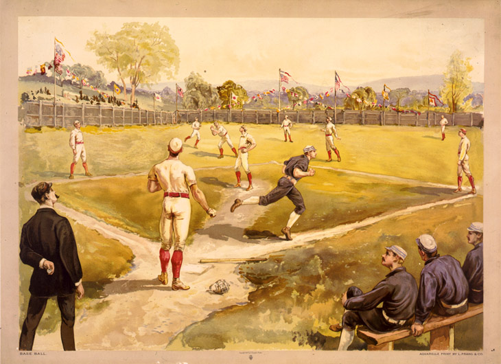 Baseball history photo: Color print of early Baseball game. Legend reads, &ldquo;Base Ball. Aquarelle print by L. Prang & Co.&rdquo; Click photo to return to previous page.