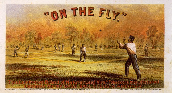Baseball history photo: &ldquo;On the Fly.&rdquo; Cigar box label, circa 1867. Copyright by R.J. White & Company. Major & Knapp Engraving, Manufacturing & Lithographic Company, New York. Click photo to return to previous page.
