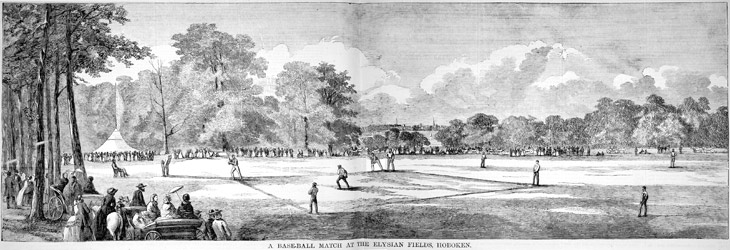 Baseball history illustration: Legend reads: &ldquo;A Baseball Match at the Elysian Fields, Hoboken&rdquo; Click illustration to return to previous page.