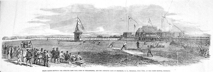 Baseball history illustration: Legend reads: &ldquo;Grand match between the Athletic Base Ball Club of Philadelphia, and the Resolute Club of Brooklyn, N.Y., Thursday, June 15th, at the Union Grounds, Brooklyn.&rdquo;  According to the Brooklyn Daily Eagle on June 16th, the match took two and a half hours and as won by the Athletic Club 39-14.  A.J. Reach, Athletic Club, batted two balls over the &ldquo;houses&rdquo; in right field for two home runs, which has been said to be 350 feet from home base.  A pioneer in changing early baseball, Brooklynite William Cammeyer, owner of the Union Skating Grounds (Williamsburg, in Brooklyn New York), filled in his skating pond, leveled the ground turned his property into the first enclosed ball field in America.  The field was opened on May 15, 1862 and the Star Spangled Banner was played before the first match, marking the first time that music was played at a game.  A few days later Cammeyer charged admission for a match and advanced the movement of the sport toward a viable business as opposed to a gentlemanly exercise. Click illustration to return to previous page.