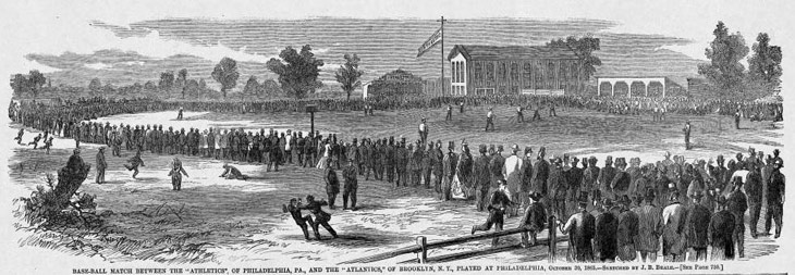 Baseball history illustration: Legend reads: &ldquo;Base-ball match between the &ldquo;Athletics,&rdquo; of Philadelphia, PA. and the &ldquo;Atlantics,&rdquo; of Brooklyn, N.Y., played at Philadelphia, October 30, 1865. &mdash;Sketched by J.B. Beale.&mdash; [See Page 730.]&rdquo; The box score of the match taken from the Brooklyn Daily Eagle of 10/31/1865 is reproduced below. Click illustration to return to previous page.