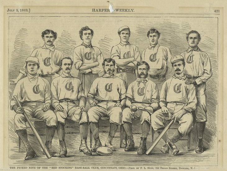 Baseball history illustration: From Harpers Weekly of July 3, 1869. Legend reads &ldquo;The Picked Nine of the &ldquo;Red Stocking&rdquo; Base-Ball Club, Cincinnati, Ohio. &mdash;Phot. by F.L. Huff, 244 Broad Street, Newark, N.J.&rdquo; Click illustration to return to previous page.