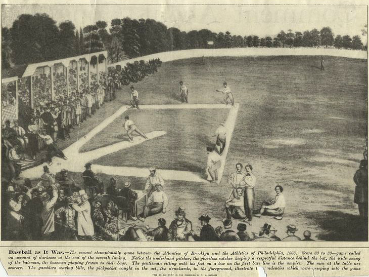 Baseball history illustration: Legend reads &ldquo;Baseball As It Was.&mdash;The second championship game between the Atlantics of Brooklyn and the Athletics of Philadelphia., 1866. The score 33 to 33&mdash;game called on account of darkness after the seventh inning. Notice the underhanded pitcher, the gloveless catcher keeping a respectful distance behind the bat, the wide swing of the batsman, the basemen playing frozen to their bags. The gentleman sitting with his feet on a box on the first base line is the umpire. The men at the table are scorers. The gamblers waving bills, the pickpocket caught in the act, the drunkards, in the foreground, illustrate the tendencies that were creeping into the game.&rdquo; Click illustration to return to previous page.