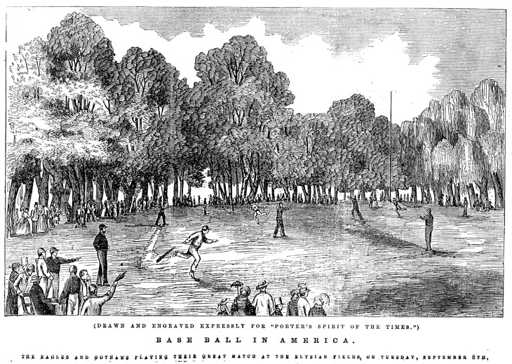 Baseball history illustration: Legend reads: &ldquo;(Drawn and engraved expressly for &ldquo;Porter's Spirit of the Times&rdquo;) Base Ball in America. The Eagles and Gothams playing their great match at the Elysian Fields, on Tuesday, September 8th.&rdquo; Click illustration to return to previous page.