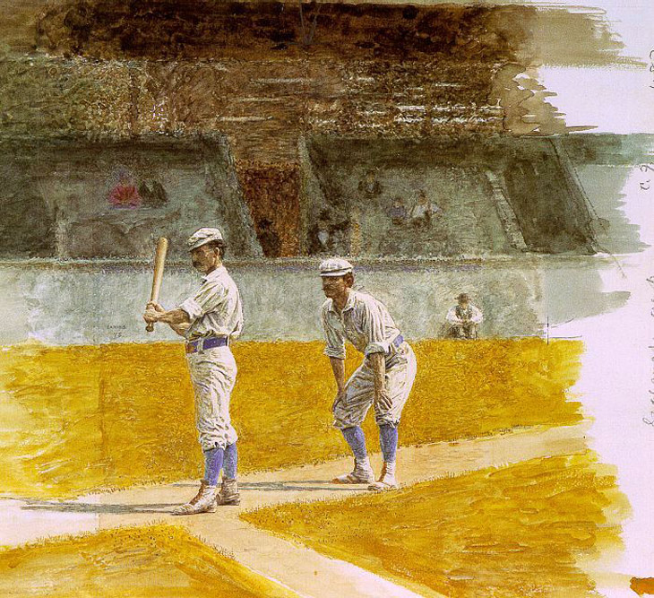 Baseball history photo: &ldquo;Baseball Players Practicing,&rdquo; 1875. This well-known watercolor (on paper) by Thomas Eakins (American, 1844-1916) is in the collection of The Museum of Art at the Rhode Island School of Design, Providence, Rhode Island. It measures 10&frac34; x 13 inches. The players depicted are members of the Philadelphia Athletics (National Association). Batting is Wes Fisler and catching is, most probably, John Clapp. The location is most likely the Jefferson Street (Avenue?) Grounds, also known as Athletics Park, in Philadelphia. Click photo to return to previous page.