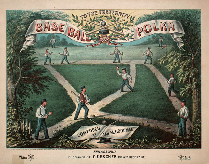 Baseball history photo: &ldquo;Base Ball Polka&rdquo; sheet music illustration.  Click photo to return to previous page.