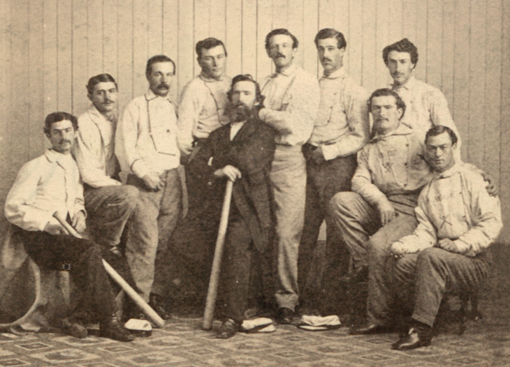 Baseball history photo: Detail from photograph of the Atlantic Base-Ball Club of Brooklyn, N.Y., &ldquo;Champions of America,&rdquo; 1865. Click photo to return to previous page.