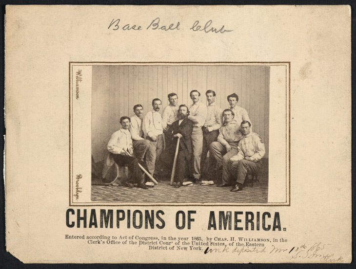 Baseball history photo: Atlantic Base-Ball Club of Brooklyn, N.Y. &ldquo;Champions of America,&rdquo; 1865. Click photo to return to previous page.
