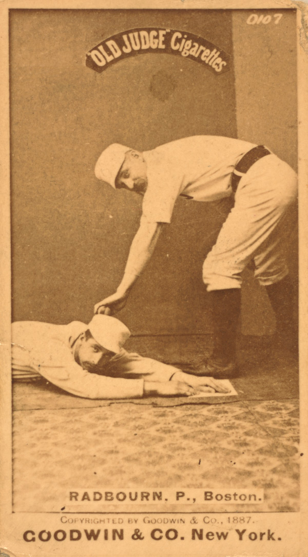 Baseball history photo: Charles &ldquo;Old Hoss&rdquo; Radbourn (applying tag) in image from 1887 &ldquo;Old Judge&rdquo; baseball card.  Click photo to return to previous page.