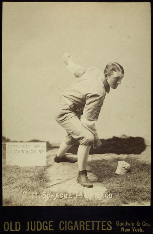Baseball history photo: Charlie Sprague, Pitcher, Chicago White Stockings (National League).  Sprague pitched three games for the third place Chicago Club in 1887 and two games for Cleveland, sometimes referred to as the Spiders, also of the National League in 1889.  In his final top level professional season with the Toledo Maumees of the American Association, Sprague appeared in 55 games, 19 of them as a pitcher.  Sprague demonstrates his delivery using the required &ldquo;T-Stance,&rdquo; first instituted in 1887.  After the 1886 season the pitcher was no longer allowed to move around in the 7 foot by 4 foot pitcher's box prior to delivering the ball to the batter.  Beginning in 1887, the pitcher's back foot was required to be placed, and left, on the back line on the pitcher's box, reduce to 5&frac12; feet by 4 feet.  He had to point his landing foot toward the batter and present the ball so it could be seen by the umpire, who generally stood to one side of the batter.  For the first time since the beginning of baseball, the pitcher was mandated to pause between each pitch, attempted pick-off or fake pick-off, before delivering the ball to the batter.  He was also only allowed only one step in his delivery.  The 1887 season regarding the pitcher, was the beginning of &ldquo;modern&rdquo; baseball.  However, it took five balls before the batter received his base on called balls and four strikes before being called out.  Click photo to return to previous page.