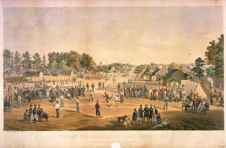 Baseball history illustration by Otto Boetticher: Union prisoners at Salisbury North Carolina engage in a game of baseball. While the Civil War took its toll on baseball league membership, it helped popularize the game by spreading it throughout the southern parts of the United States.  According to &ldquo;Baseball in Blue and Gray&rdquo; by George B. Kirsch, &ldquo;Otto Boetticher was a commercial artist from New York City who enlisted in the 68th New York Volunteers in 1861 at the age of 45.  He was captured in 1862 and wound up at Salisbury before being exchanged for a Confederate captain on September 30th.  His illustration presents an idealized, pastoral view of a match in a setting that more closely resembled the Elysian Fields in Hoboken than a jail yard.&rdquo;  Click illustration to return to previous page.