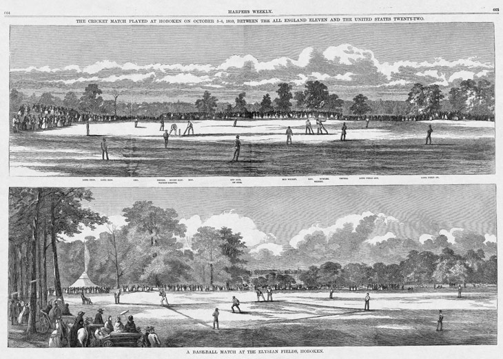 Baseball history illustration: Top panel legend reads: &ldquo;The Cricket Match Played at Hoboken, October 3&ndash;6, 1859, Between the All England Eleven and the United States Twenty-Two.&rdquo; Bottom panel legend reads: &ldquo;A Base-Ball Match at the Elysian Fields, Hoboken.&rdquo; Click illustration to return to previous page.