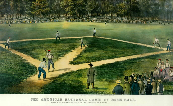 Baseball history photo: Currier & Ives print of early Baseball game. Legend reads, &ldquo;The American National Game of Baseball. Grand match for the championship at the Elysian Fields, Hoboken, N.J.&rdquo; Click photo to return to previous page.