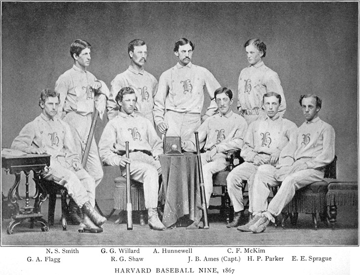 Baseball history photo: Harvard Baseball Nine, 1867.  The Harvard Club's first team was established in 1862 with help from the Boston Lowells.  The Harvard Club one of only three New England teams to hold the Silver Ball trophy, pictured in a case on the table.  The other two were the Tri-Mountain Club and the Boston Lowell Club.  The trophy was commissioned by John A. Lowell, an engraver, who was once the president of the Boston Bowdoin Club and a respected umpire.  The results of championship matches were engraved on the ball and a total of seventeen matches were recorded at the time of its destruction in 1868.  The New England Association of National Base Ball Players elected to destroy the trophy due to the bad behavior the players exemplified while attempting to win it.  The Silver Ball was melted down and sold for $19.46.  The Harvard University Base Ball Club was formed in 1864.  According to Troy Soos in his book Before the Curse, two of its players purchased  grey flannel for the shirts and asked for a crimson old English &ldquo;H&rdquo; to be sewn on the front.  The seamstress decided that magenta was more fashionable and prettier so the players took the field as the Harvard Magenta.  The student body enjoyed the uniforms so well that the official school color was changed to magenta until 1875, when crimson was re-adopted.  The Harvard Club played the famed Cincinnati Club three times during the 1869-1870 seasons.  On July 18, 1870 the Magenta held a 17-12 lead in the ninth inning while playing the Red Stockings on Cincinnati's Union Grounds.  The more experienced Red Stockings scored eight runs to win the match 20-17. Click photo to return to previous page.