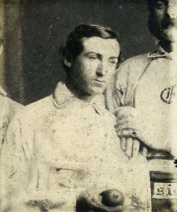 Baseball history photo: Star pitcher Jim &ldquo;Lifting Speed&rdquo; Creighton of the Brooklyn Excelsiors circa 1860 (detail from team photo). Albeit brief, his baseball career remains one of the most remarkable of all time. Perhaps more than any other player before or since, Creighton transformed the essence of the game.  Click photo to return to previous page.