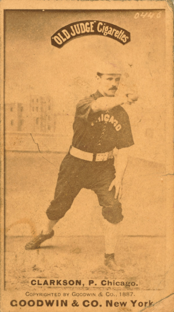 Baseball history photo: J1887 &ldquo;Old Judge&rdquo; Cigarettes baseball card of John Clarkson. Click photo to return to previous page.