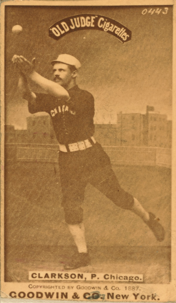 Baseball history photo: JJohn Clarkson in pose for &ldquo;Old Judge&rdquo; Cigarettes baseball card circa 1887. Click photo to return to previous page.