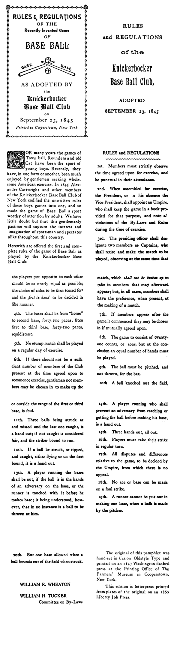 Baseball history photo: &ldquo;Rules and Regulations of the Recently Invented Game of Base Ball as Adopted by Knickerbocker Baseball Club on September 23, 1845. Printed in Cooperstown, New York.&rdquo;.  Click photo to return to previous page.