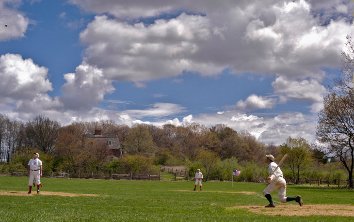 Long gone. 2007 NY/NJ Cup - 4/29/07 - Eric &ldquo;Express&rdquo; Miklich hits a home run off of Flemington Neshanock pitcher Bob &ldquo;Melky&rdquo; Ritter and also pitched the Mutuals to a 15-0 win during the one-day tournament. The NY Gothams and Mineola Washingtons (NY) also competed at Old Bethpage Village Restoration for the Cup which was won by the Mutuals.  Photo courtesy of Ray Shaw.  Click photo to return to previous page.