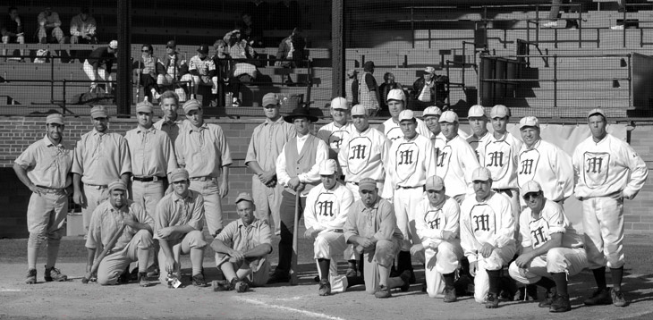 Vintage baseball photo: September 18, 2004: The Providence Grays and New York Mutuals after an 1864 match at Doubleday Field, Cooperstown, New York in which the Mutuals won 15-8.  The previous day members of the Mutuals and Grays presented the history of 19th century base ball to high school and college professors from the San Diego, California area in the Baseball Hall of Fame as part of a specialized learning program.  The entire game was filmed by the Baseball Hall of Fame and excerpts were used for the opening of the Internet program &ldquo;Discovering Our American Spirit: Finding Common Ground in the National Pastime.&rdquo;  This interactive Internet program, featuring the Ozzie Smith, the NY Mutuals and students from San Diego High schools, was filmed live in April 2005 and seen by an estimated 17 million grade school students. Photo by R.C. Shaw.  Click photo to return to previous page.