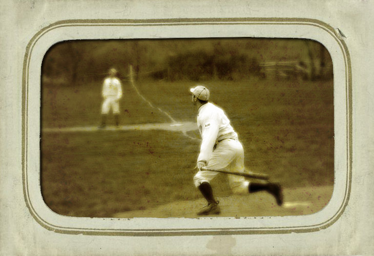 Vintage baseball photo: (Sepia): NY/NJ Cup 4/25/2004 - Eric &ldquo;Express&rdquo; Miklich hits a homerun for the New York Mutuals against the Flemington Neshanock (NJ) in an 1864 match at Old Bethpage Village Restoration. Click photo to return to previous page.
