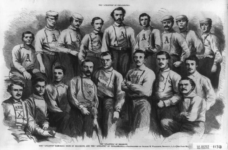 Baseball history photo: Philadelphia Athletcs & Brooklyn Atlantics. Caption reads: &ldquo;THE &ldquo;ATLANTIC&rdquo; BASE-BALL CLUB OF BROOKLYN AND THE &ldquo;ATHLETIC&rdquo; OF PHILADELPHIA.&mdash;Photographed by Charles H. Williamson of Brooklyn, L.I.&mdash;[See page 702.]&rdquo; Click photo to return to previous page.