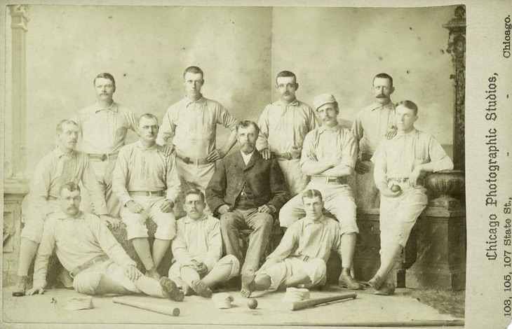 Baseball history photo: Providence Baseball Club, 1882. Back Row: Paul Hines, CF; Jerry Denny, 3B; &ldquo;Hoss&rdquo; Radbourn, P; Jack Farrell, 2B. Middle Row: Tom York, LF; Joe Start, 1B; Harry Wright, Mgr.; George Wright, SS; John Montgomery Ward, RF/P. Bottom: Charlie Reilley, Substitute Catcher; Sandy Nava, C; Barney Gilligan, C.  Click photo to return to previous page.
