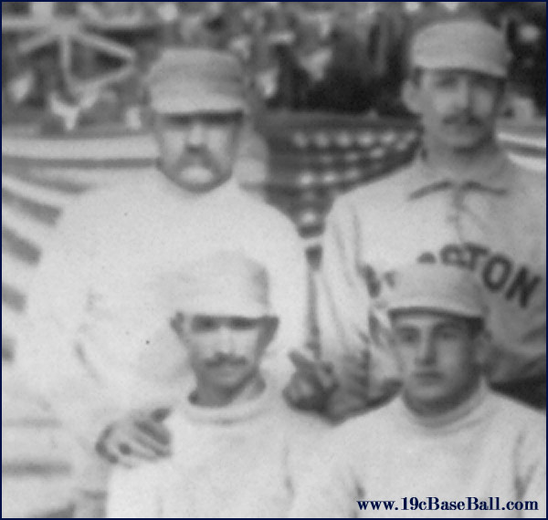 Baseball history photo: Detail from 1886 Boston/New York team photo. The only pitcher in the history of major league baseball to win 60 games in a single season, Charles &ldquo;Old Hoss&rdquo; Radbourn extends his middle finger towards the camera. This is the earliest known photograph of a public figure using this gesture. Click photo to return to previous page.