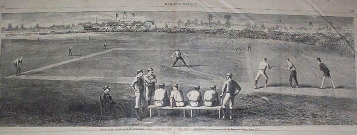 Baseball history illustration depicting the June 14, 1870 defeat of the Cincinnati Red Stockings by the Brooklyn Atlantics. The Cincinnati loss was the first in well over a year, ending their famous winning streak of 89 games. The Atlantics are in the field with George Zettlein pitching and Bob Ferguson playing third base. Ferguson was the Captain of the Atlantics and interestingly enough, this is the first reported game of any player hitting from both sides of the plate&mdash;that player was Bob Ferguson. Click illustration to return to previous page.