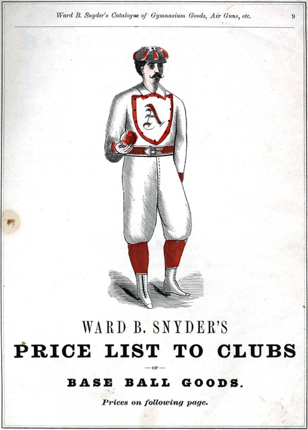 Baseball history photo: Assortment of base ball uniforms from Snyder's 1875 catalog. Click photo to return to previous page.