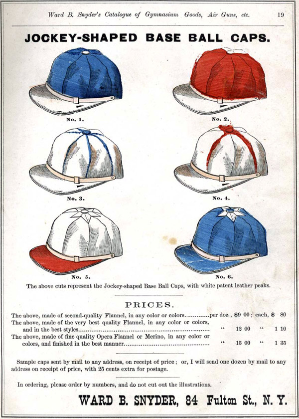 Baseball history photo: Assortment of jockey-shaped base ball caps from Snyder's 1875 catalog. Click photo to return to previous page.
